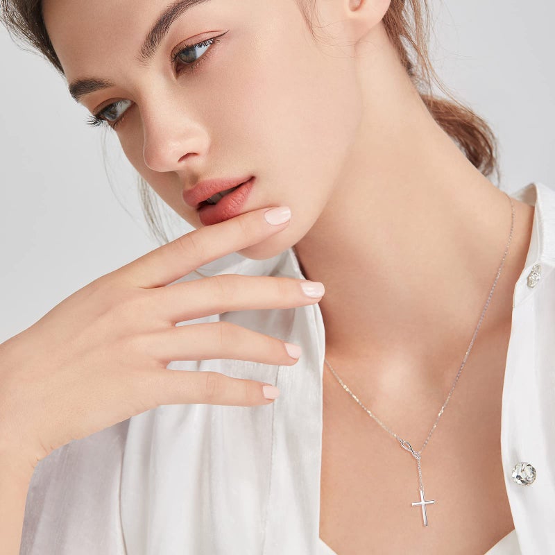 FANCIME White Gold Plated 925 Sterling Silver High Polished Infinity Cross Pendant Lariat Necklace Y Necklace Gift for Women, 18" - Image 3